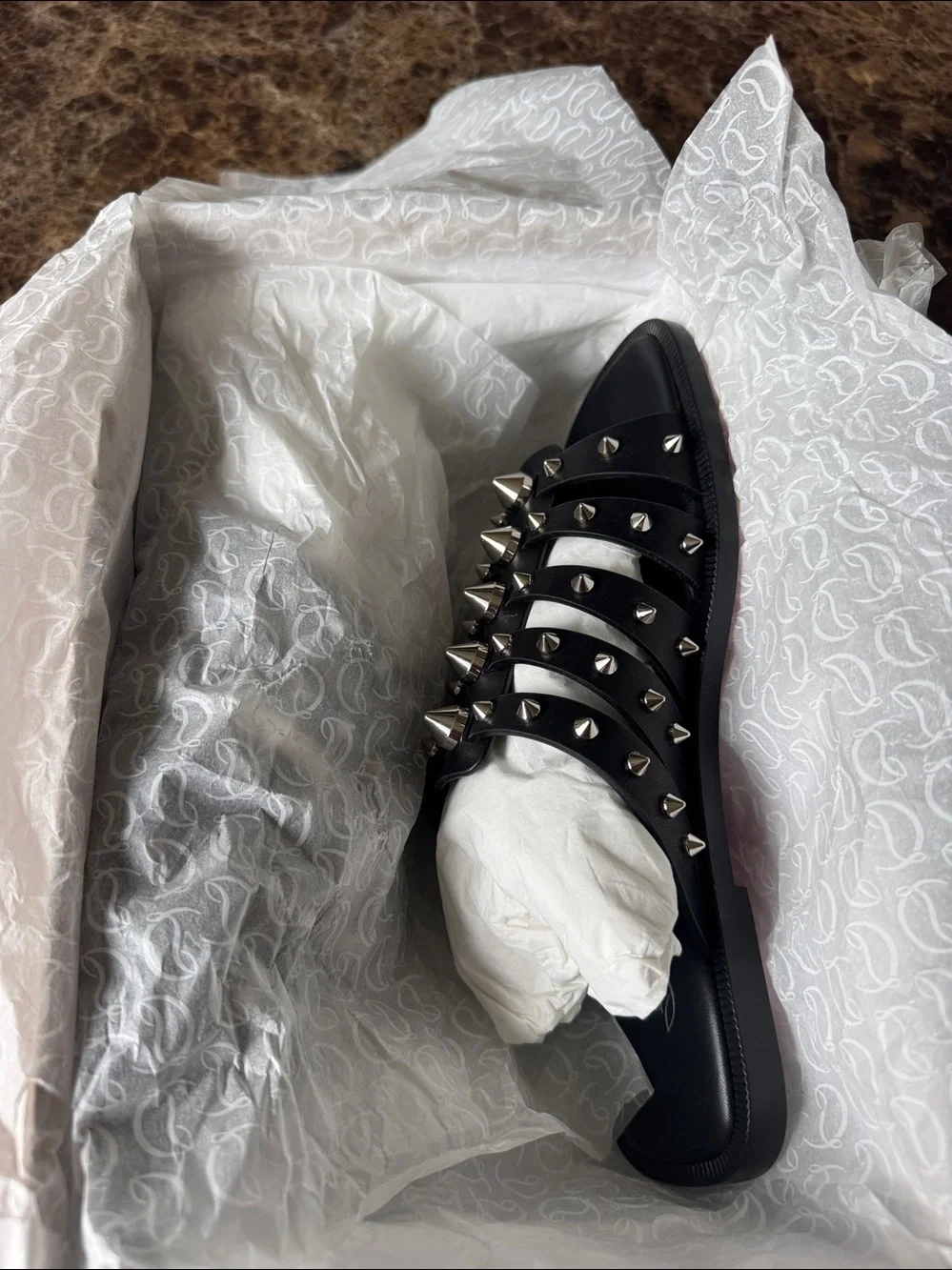 Christian Louboutin charja flat black leather silver spike sandals sz 38.5